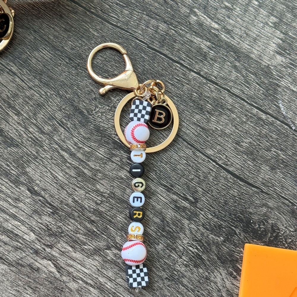 Handmade Personalized Gold and Black Keychain with Baseball Charm